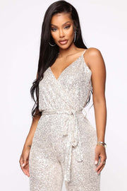 Sequin Sling V Neck Tie Up Jumpsuit GYOM 8817