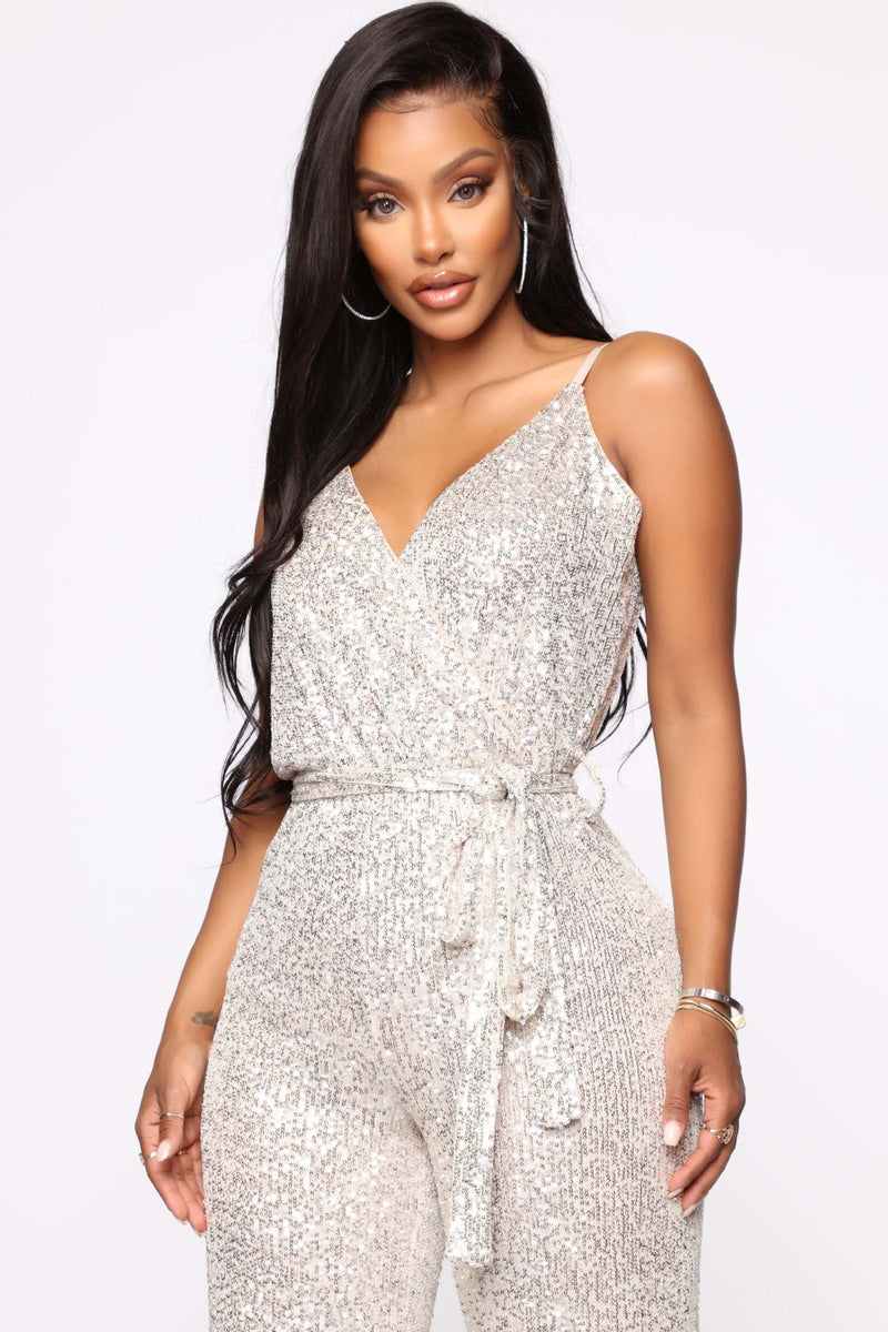 Sequin Sling V Neck Tie Up Jumpsuit GYOM 8817