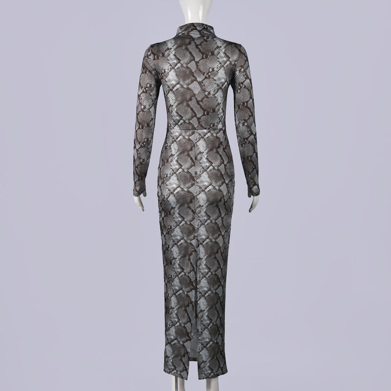 Retro Snake Patterned Ice Silk Maxi Dress GNZD 11814