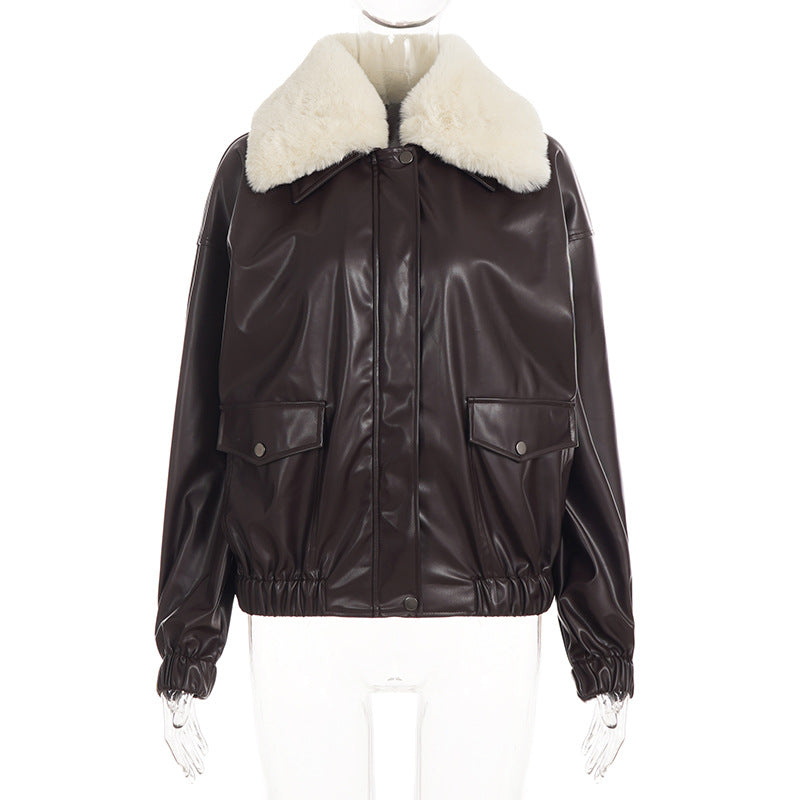 Fur Collar Zipper Leather Jacket GPKJ MR51470