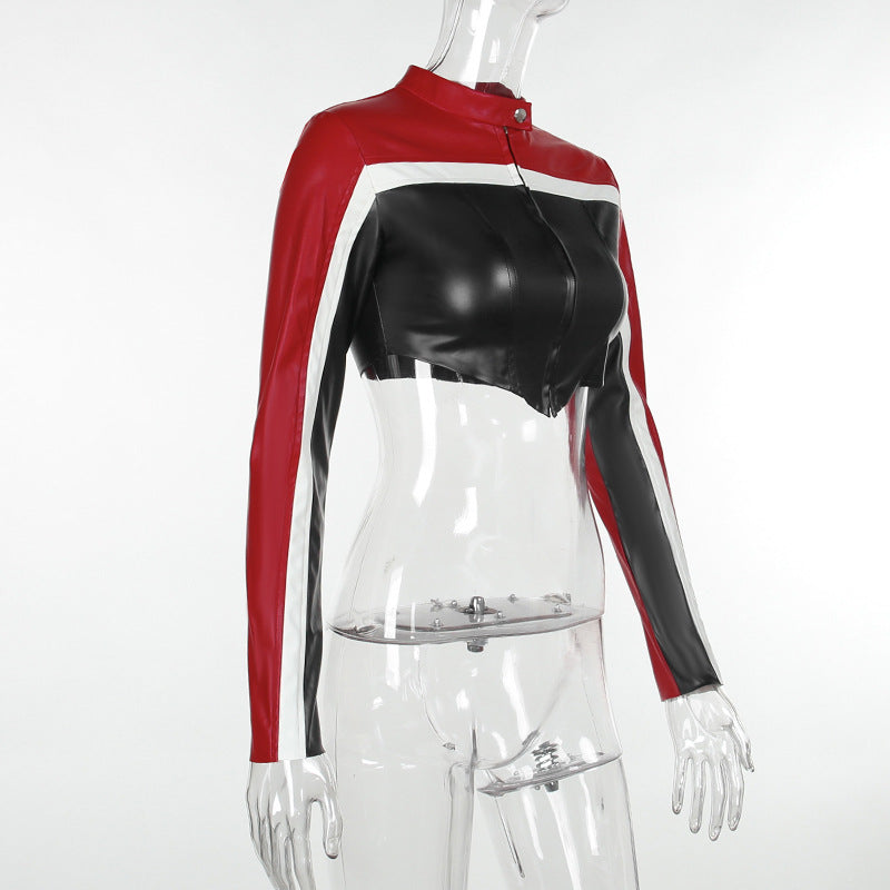 Fashion Contrast Color Short Leather Coat FL YY23427