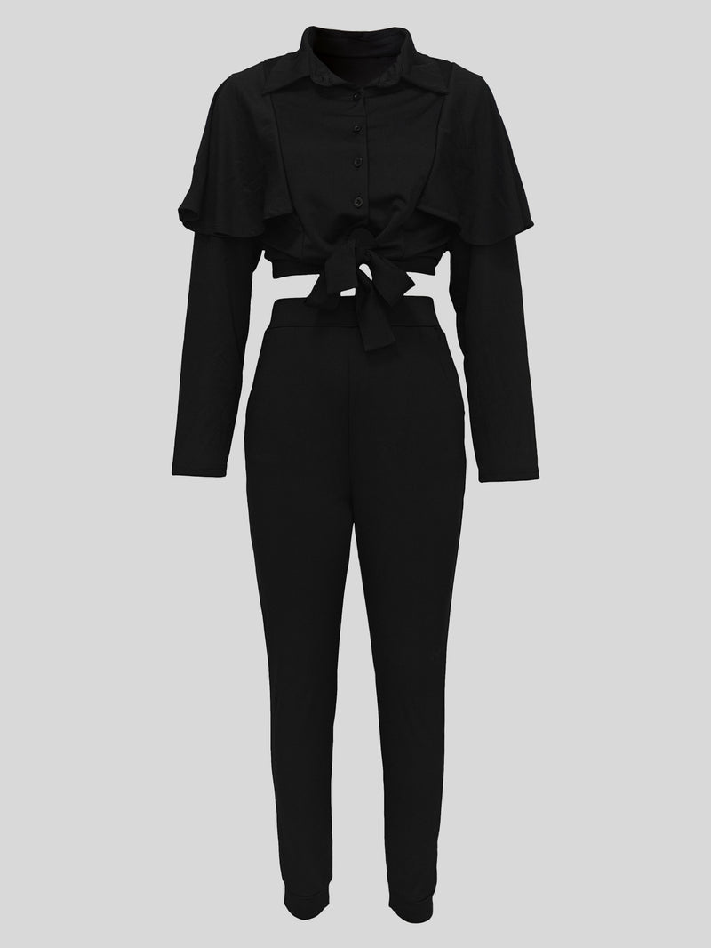 Lapel Button Ruffles Long Sleeve Shirt MIL T047