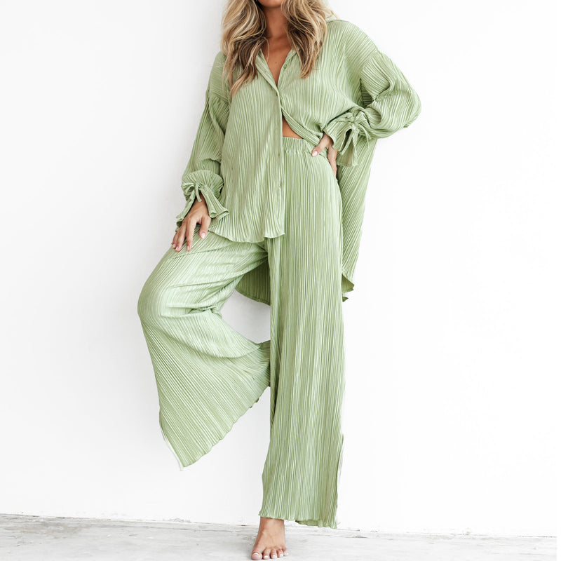 Solid Color Long Sleeve Split Shirt Pants Two Piece Set GYSM W0513