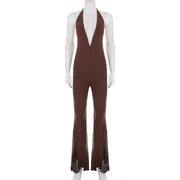 V Neck Backless Mesh Patchwork Jumpsuit GPKJ MR18592