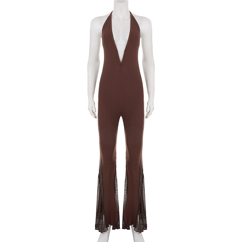 V Neck Backless Mesh Patchwork Jumpsuit GPKJ MR18592