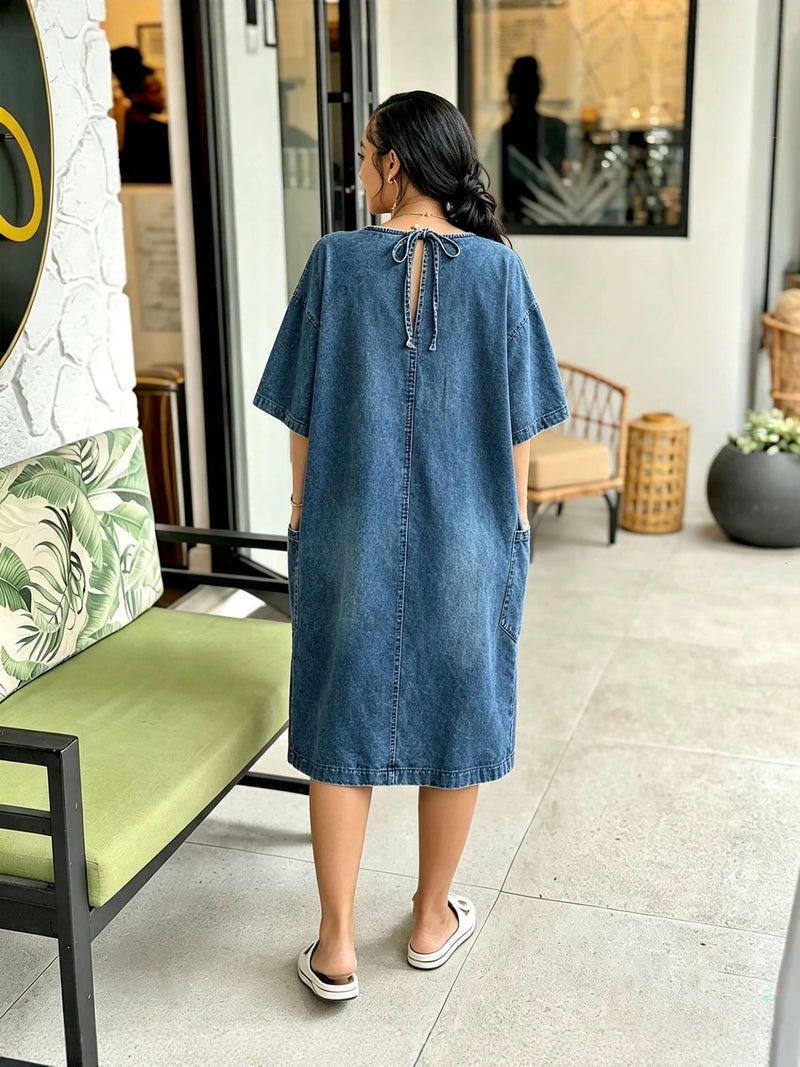 Plus Size Half Sleeve Loose Denim Midi Dress GYLN 6480