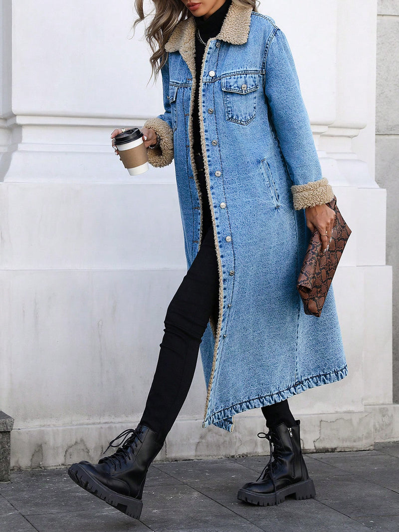 Loose Long Sleeve Denim Fleece Long Coat GYXN 20781