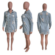 Fringed Single breasted Hole Long Denim Jacket LX 3562