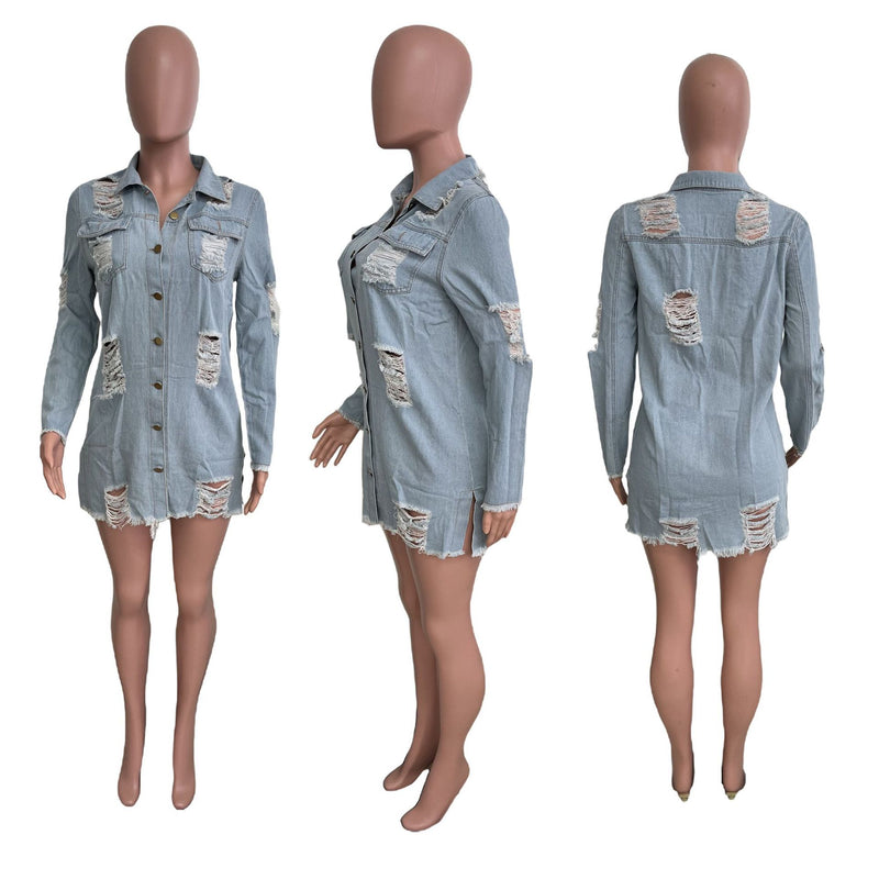 Fringed Single breasted Hole Long Denim Jacket LX 3562