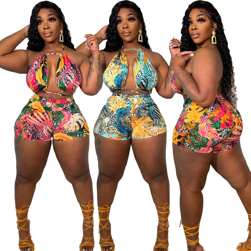 Plus Size Printed Two Piece Shorts Sets ZDF 31215