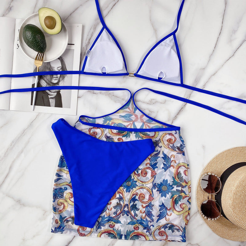 Beach Solid Color Bikinis And Print Skirts Three Piece Set CSYZ B259