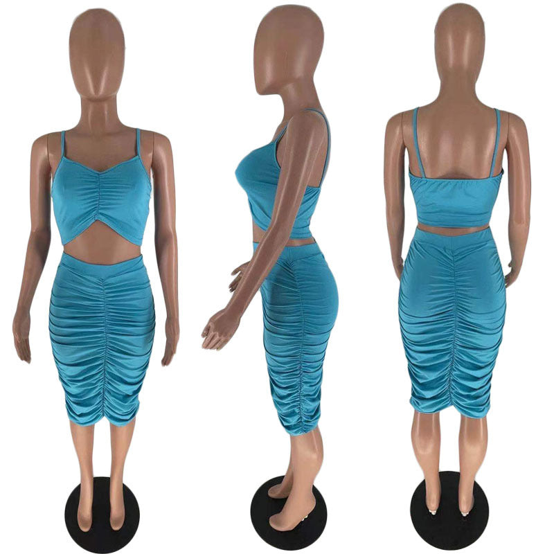 Solid Color Ruched Sling Top Skirt Two Piece Set GFDY 117