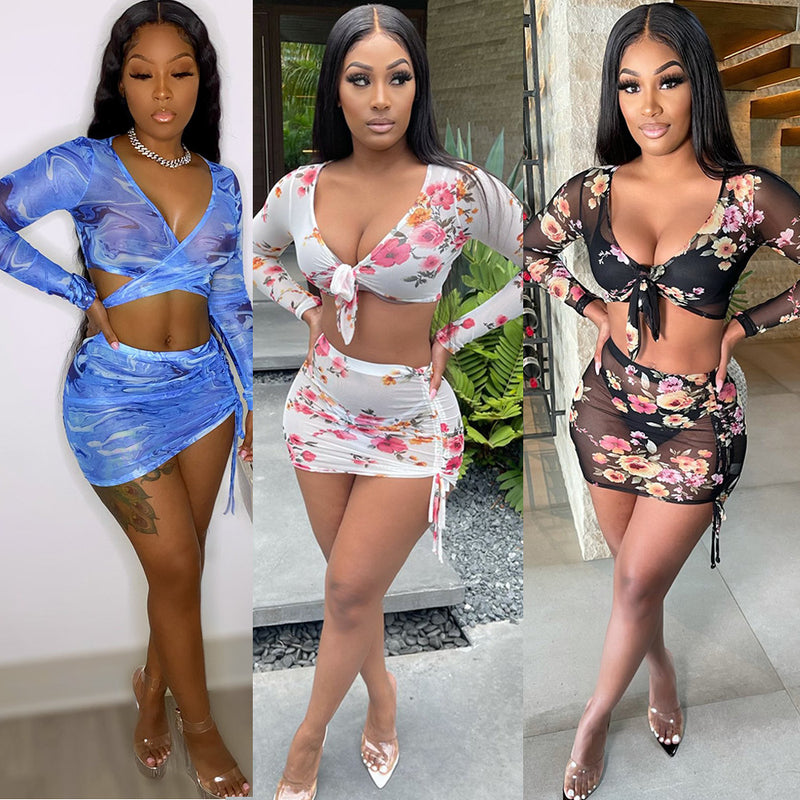 Sexy Mesh Print Long Sleeve Smocked Mini Skirt 2 Piece Set GOSD OS6116