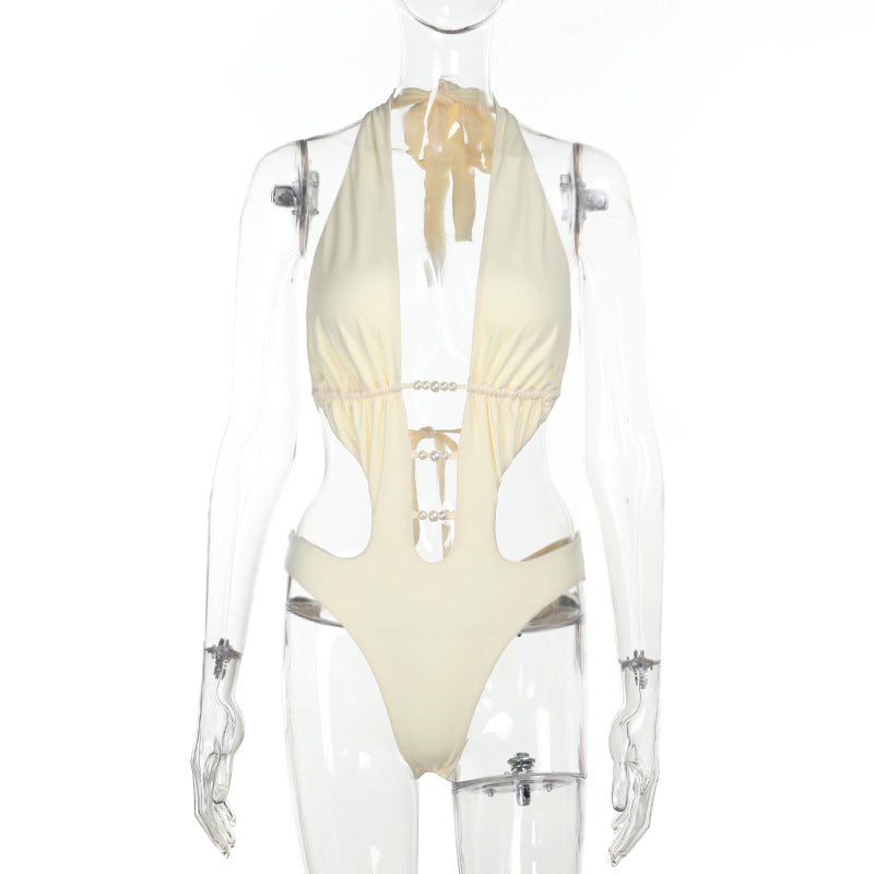 Pearls Hollow Out Solid One Piece Swimsuit FL XY25152MHO