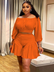 Plus Size Pleated One Shoulder Two Piece Short Set NNWF 8067