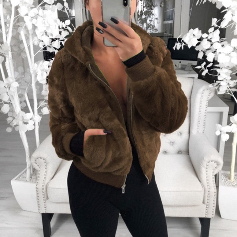 Fashion Solid Color Hooded Loose Plush Jacket GLYY 6001