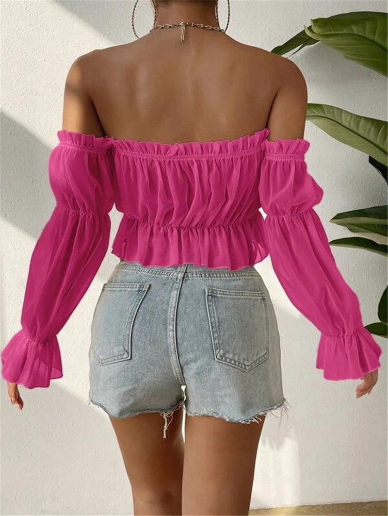 Off Shoulder Ruffles Chiffon Gathered Blouse GZYF 1012