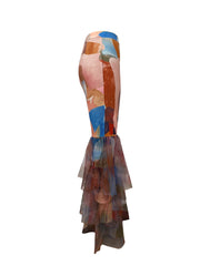 Contrast Color Printed Mesh Ruffle Flared Pants LSD 2115