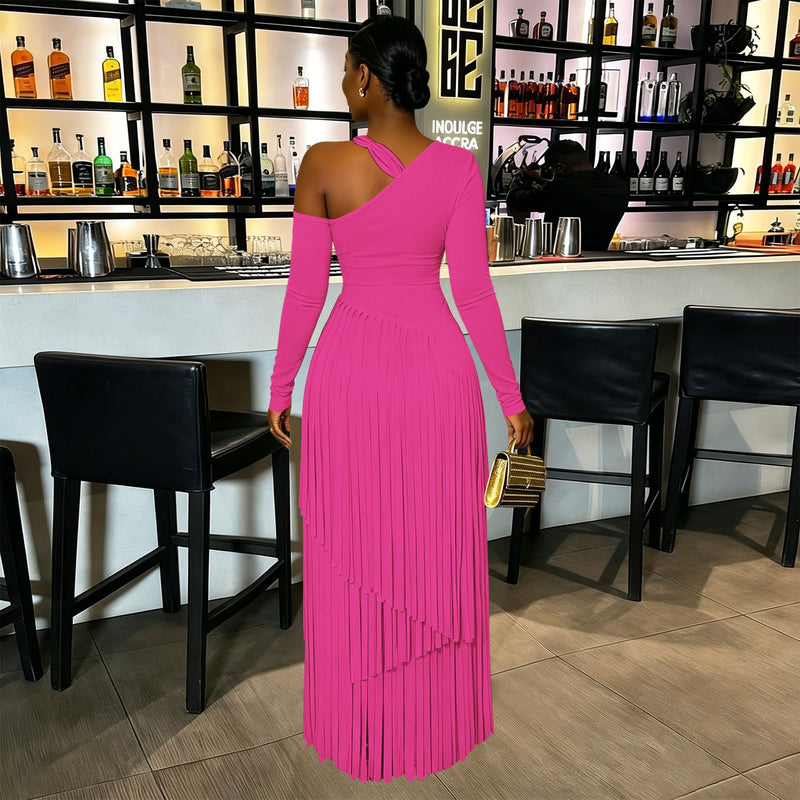 Solid Color Long Sleeve Tassel Maxi Dress YF 11109