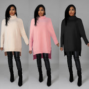 Solid Turtleneck Split Pullover Sweater Top FSXF F337