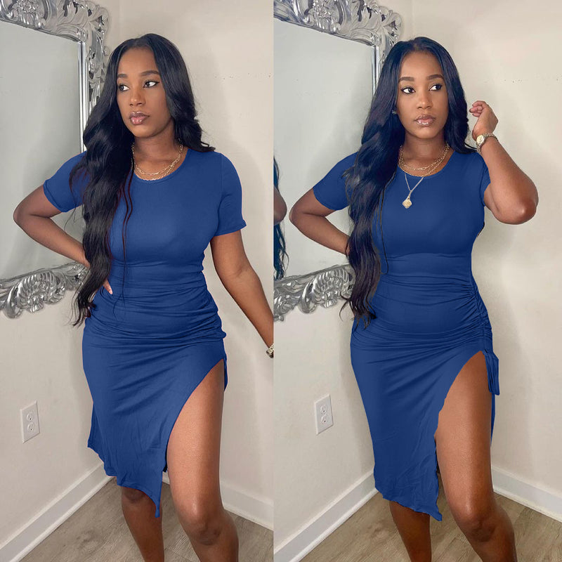Solid Short Sleeve Drawstring Split Bodycon Dress OMY 81051