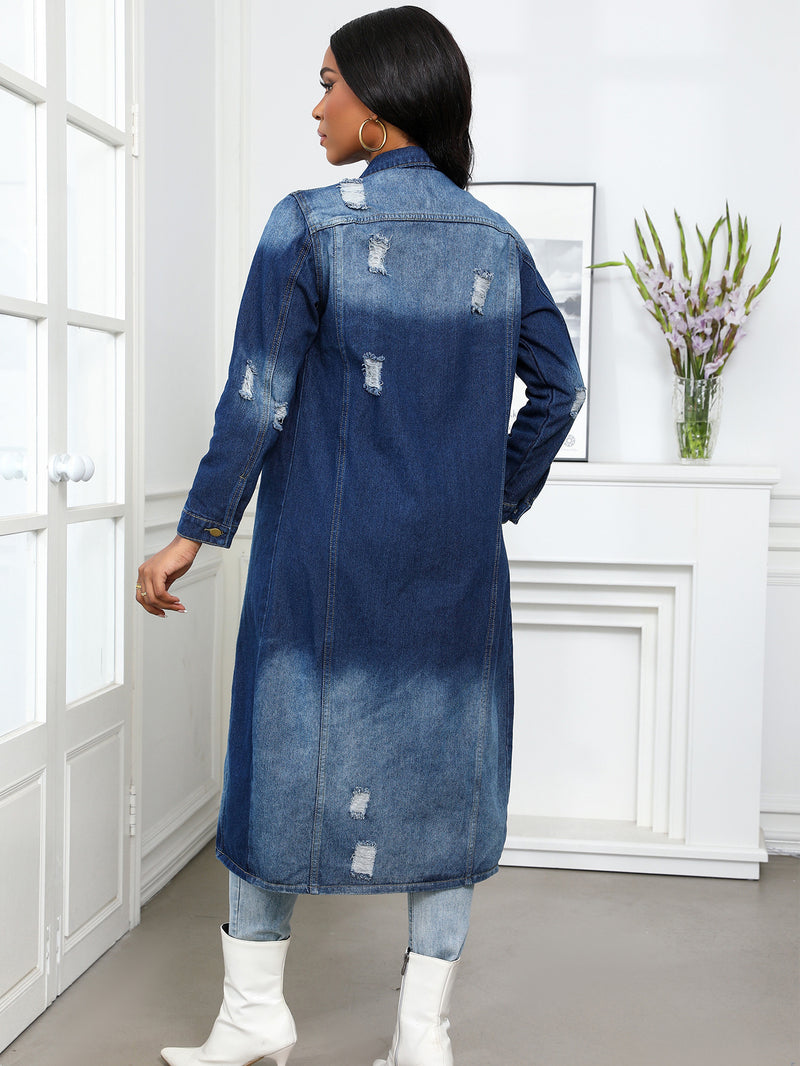 Long Ripped Denim Trench Coat Jacket GQDH 9932