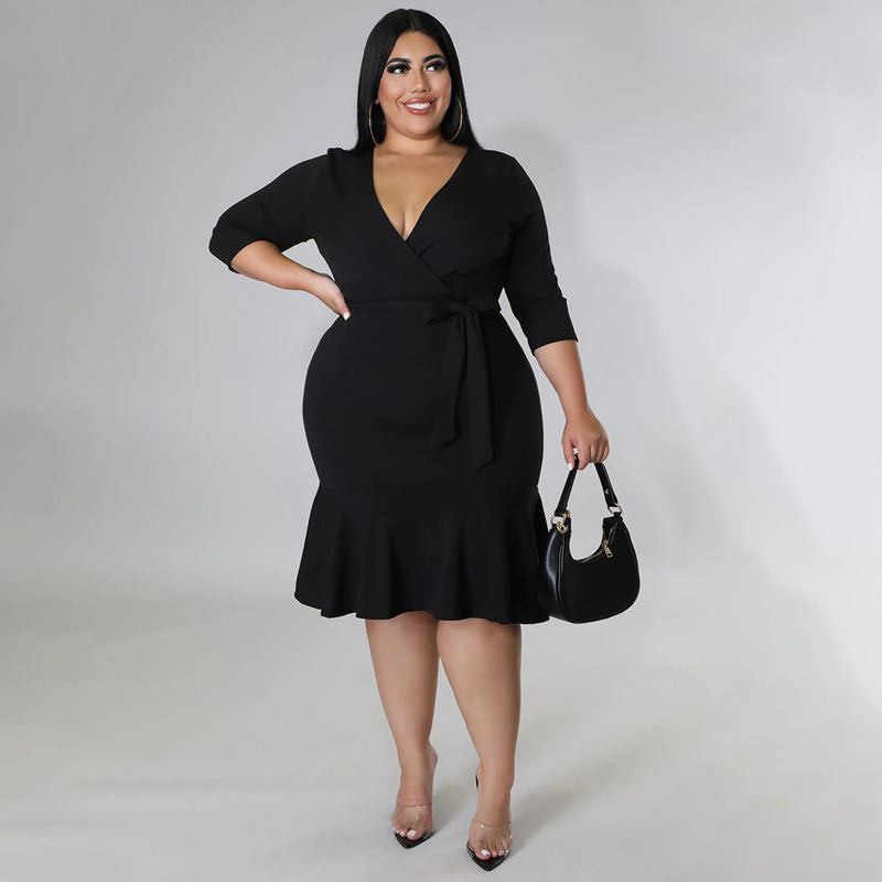 Plus Size Solid V Neck 3 4 Sleeve Ruffled Bodycon Dress NNWF 7555
