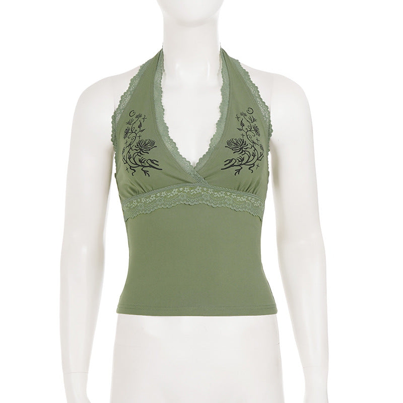 Lace Edge Patchwork Halterneck Tank Top GPKJ MR49253