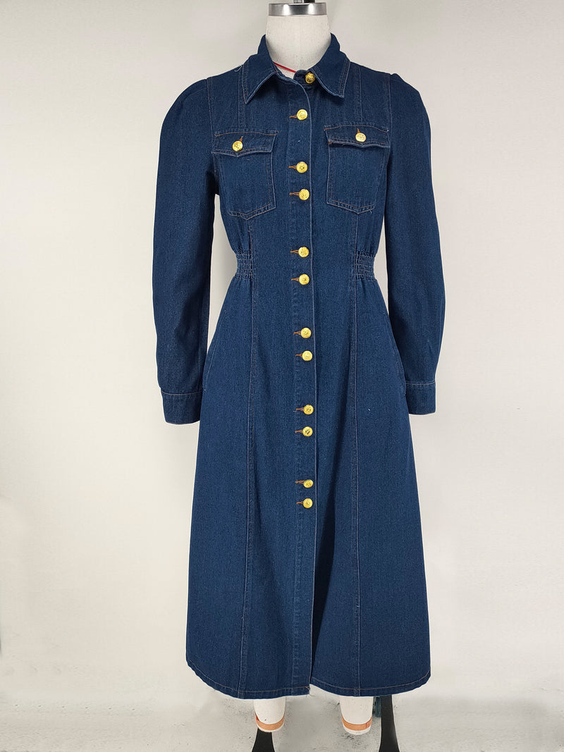 Long Sleeve Lapel Denim Maxi Dress GDAM 218785