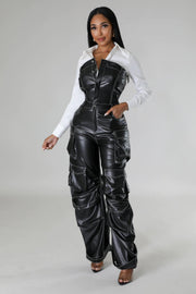 Plus Size Off Shoulder PU Leather Jumpsuit GHXF HX0395