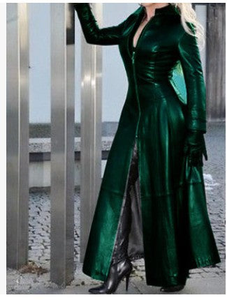 Plus Size Zipper Stand Neck Leather Long Coat GHKC Q012