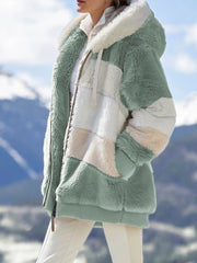 Plus Size Warm Plush Patchwork Zipper Hooded Loose Jacket GOFY 80160