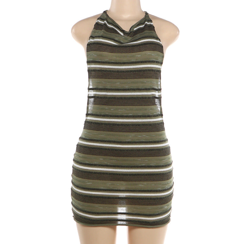 Hollow Out Backless Stripe Print Mini Dress GZJQ K6D09122A