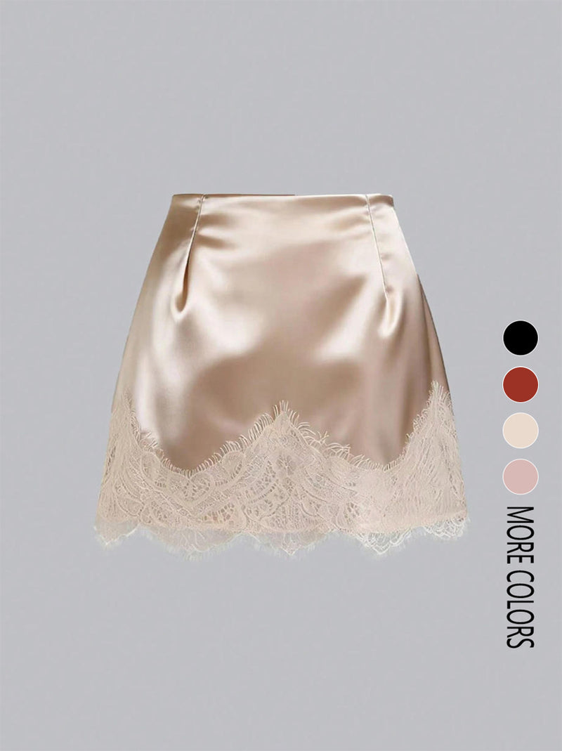 Satin Lace Edge Patchwork Mini Skirt GSRX 876
