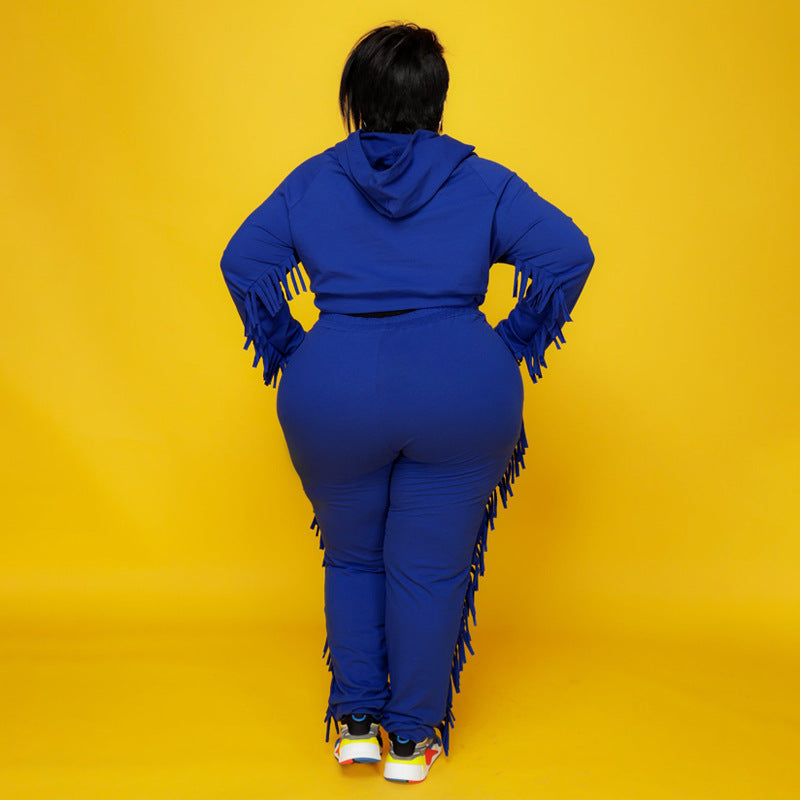 Plus Size Solid Color Hooded Tassel Two Piece Pants Set OSIF 21278