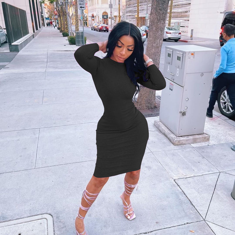 Solid Long Sleeve Bodycon Dress FOSF 8095