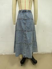 Layered Patchwork Denim Long Skirt GYAN 8943