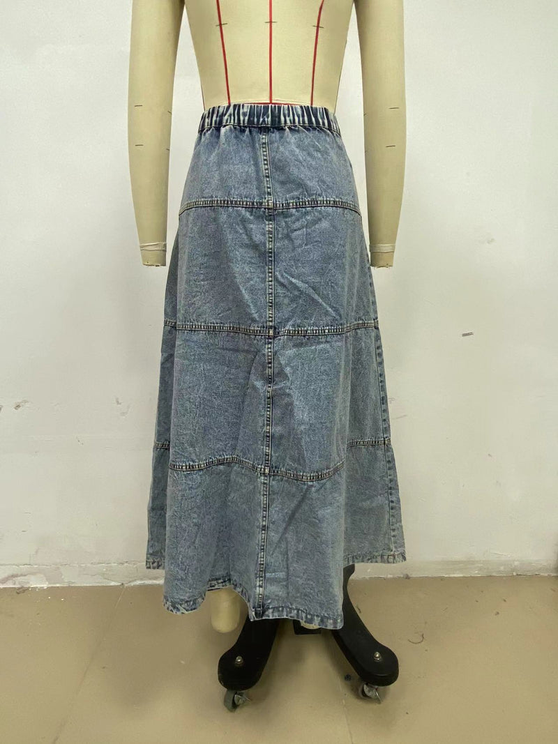 Layered Patchwork Denim Long Skirt GYAN 8943