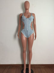 Denim Chain Hollow Out One Piece Swimsuit LA 3281