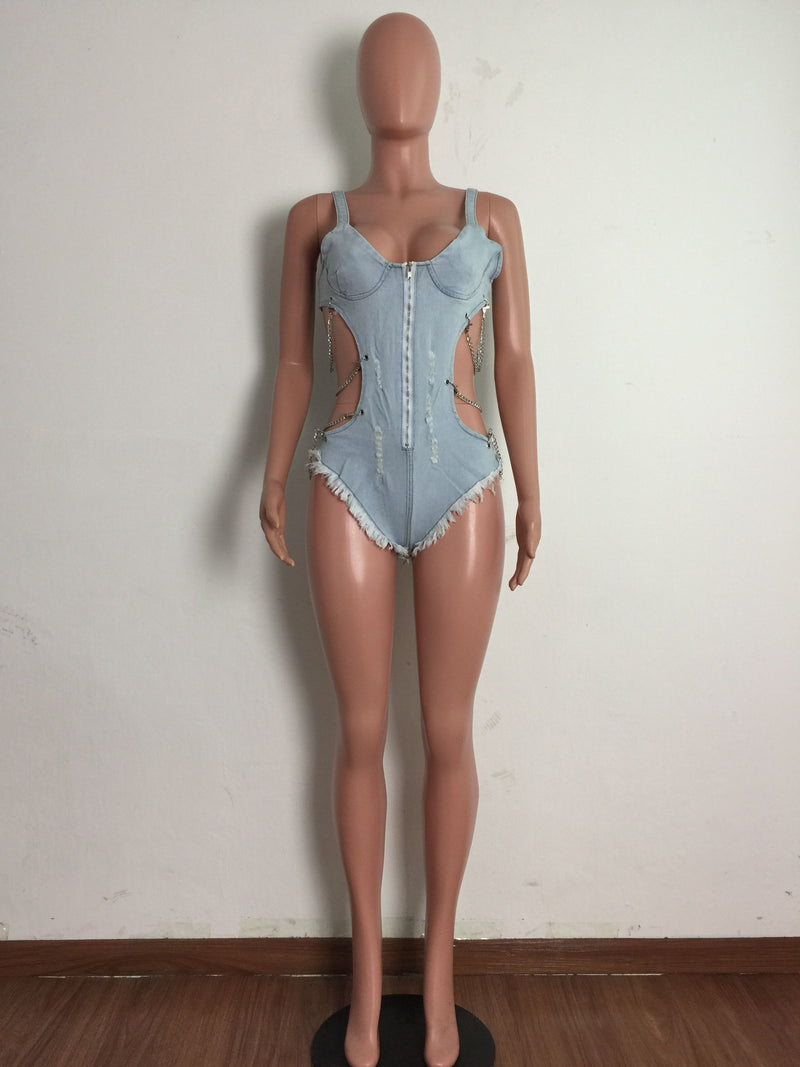 Denim Chain Hollow Out One Piece Swimsuit LA 3281