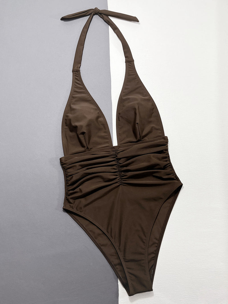 Solid Color Deep V Neck One Piece Swimsuit CSYZ D651Q