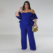 Plus Size Off Shoulder Short Sleeve Wide Leg Jumpsuit NNWF 7797