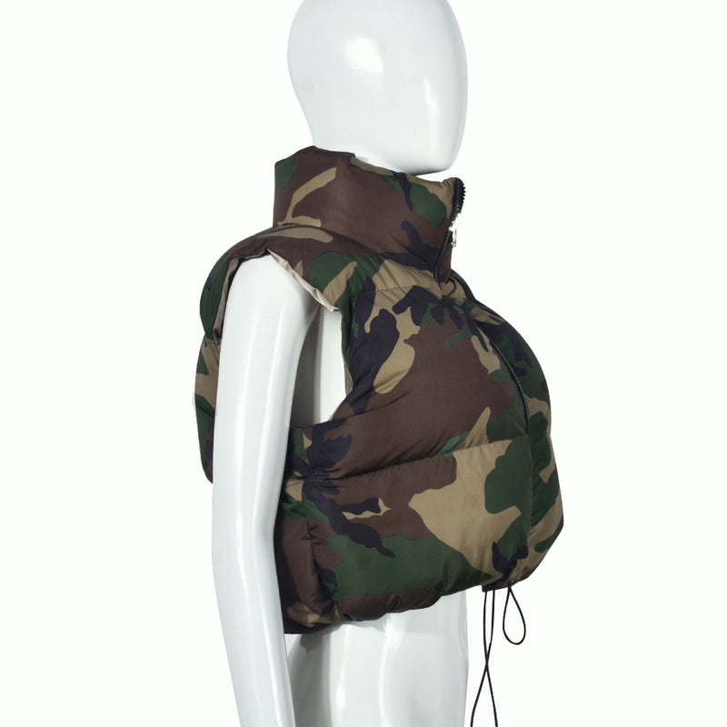 Camouflage Collar Sleeveless Short Cotton Jacket Coat GNZD 9445TD