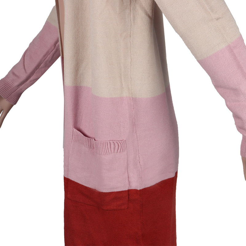 Knitted Striped Full Sleeve Midi Sweater Cardigan FSXF F333