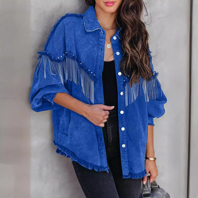 Chain Studded Street Fashion Single Breasted Denim Jacket GYAN 641