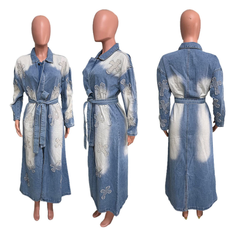 Fashion Denim Cross Embroidery Long Trench Coat LX 6033