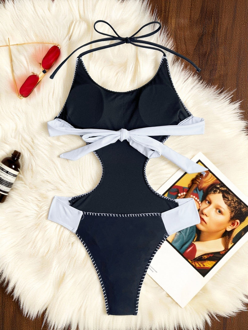 Sexy Color Block Tie Up One Piece Swimsuit CASF 6795