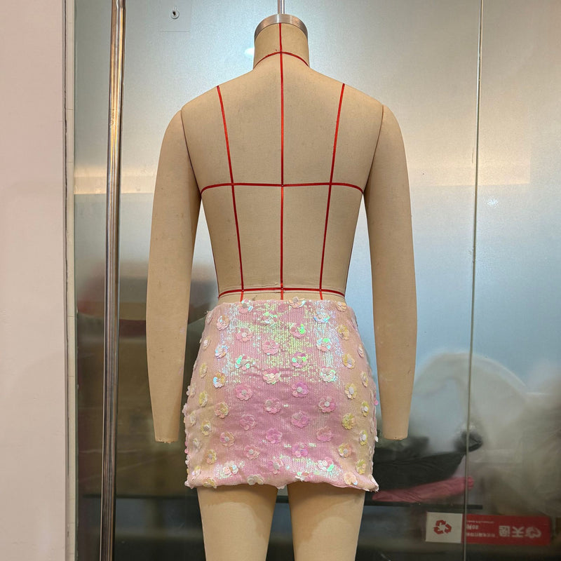 Pink Floral Sequin Mini Skirt GOLB SU4260