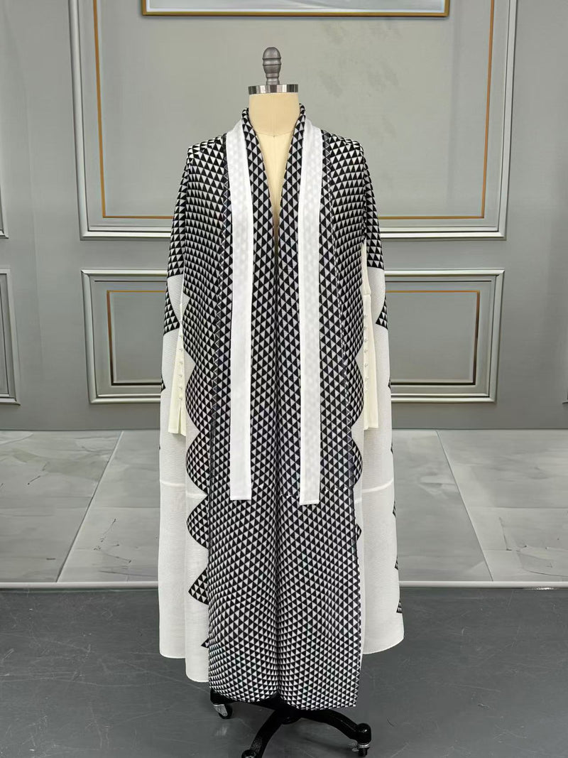 Pleated Print Cardigan Long Coats GZRF 77102