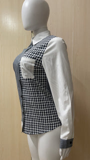 Houndstooth Print Patchwork Full Sleeve Blouse Top ZSD 0424